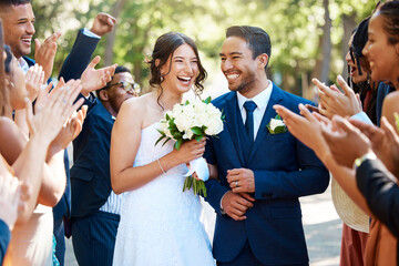 Couple, wedding and guests clapping hands in celebration of love, romance and union. Happy, smile...