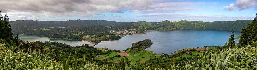 Fototapeta na wymiar View of Sete Cidades near Miradouro da Grota do Inferno viewpoint, Sao Miguel Island, Azores, Portugal