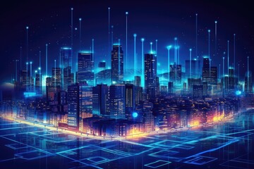 Obraz na płótnie Canvas smart city at night, application development concept, smart city, internet of things, smart life, information technology, metaverse connection . Generative AI