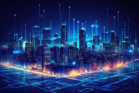 Smart City At Night, Application Development Concept, Smart City, Internet Of Things, Smart Life, Information Technology, Metaverse Connection  . Generative AI