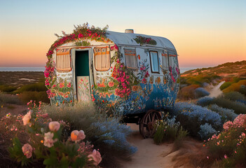 portugal summer caravan and so much flowers at sunrise Generative AI