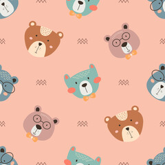 Seamless pattern with cute bear. bears, teddy, bear, trees and dots in scandinavian style isolated vector.
