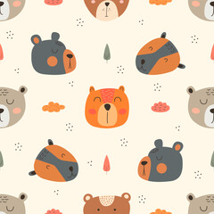 Seamless pattern with cute bear. bears, teddy, bear, trees and dots in scandinavian style isolated vector.
