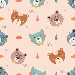 Seamless pattern with cute bear. bears, teddy, bear, trees and dots in scandinavian style isolated vector.
