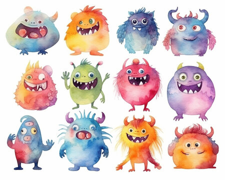 Set of cute cartoon happy monsters colorful watercolor Generative Ai