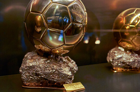 Golden ball at the exposition of FC Real museum at Santiago Bernabeu arena                 