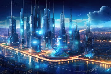 Naklejka na ściany i meble City network, technology, cyberspace, wireless communication connection concept . Generative AI