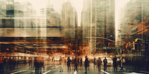 Multiple exposure of fast paced city life. Generative AI
