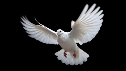 Plakat flying white dove isolated on a black background with clipping path, close up generative ai