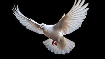 Fototapeta na wymiar Flying white dove isolated on a black background with clipping path. Studio shot. generative ai