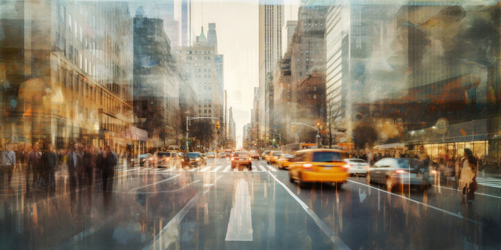 Multiple exposure of fast paced city life. Generative AI © xartproduction