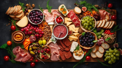 Antipasto platter with meat, sausages, cheese and olives on dark background generative ai