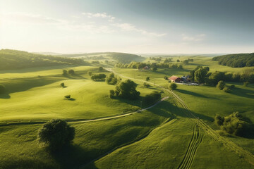 Obraz premium Aerial drone view of the endless green fields and hills of the countryside. Generative AI 