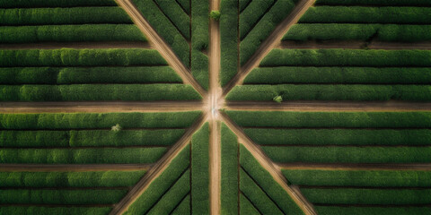 drone view of the geometric patterns of agricultural fields. Generative AI	
