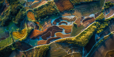 Fototapeta na wymiar Aerial drone view of the endless green fields and hills of the countryside. Generative AI 