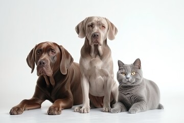 British shorthair cat and weimaraner dogs sitting isolated on white background. Generative AI