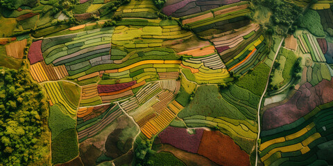 Aerial drone view of the endless green fields and hills of the countryside. Generative AI	