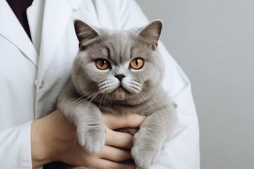 Portrait of gray british shorthair cat in the arms of a veterinarian. Generative AI