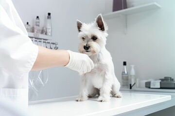 White Cairn terrier dog on examination at the veterinarian on a white table. Veterinarian in a uniform and latex gloves. Generative AI - obrazy, fototapety, plakaty