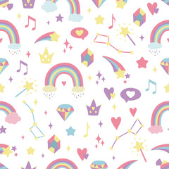 Seamless background with hearts, rainbows, stars, diamonds, crowns. Creative background for nursery. Perfect for kids design, fabric, packaging, wallpaper, textile, apparel.