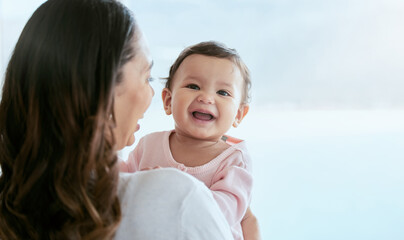 Baby laughing, portrait and mom in a home with newborn, care and parent love together with mockup....