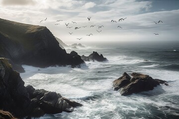 A flock of seagulls soaring over a rugged coastline, generate ai