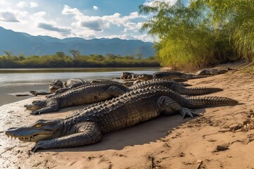 A group of crocodiles sunbathing on a riverbank with mountains in the background, generate ai