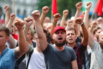 rallies and protests. men raised hands up, shouting and fighting for their rights, equality and justice. ai generative