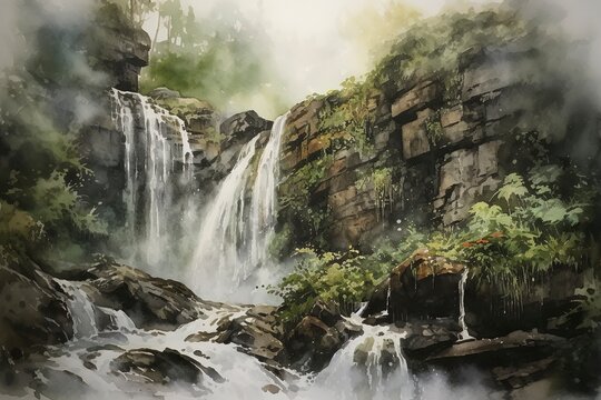 stunning waterfall surrounded by lush green forest. Generative AI