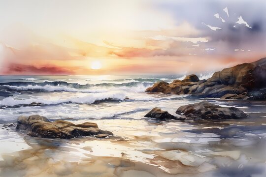 Beautiful sunset over the ocean with soft hues of pink, purple and orange. Watercolor Painting. Generative AI
