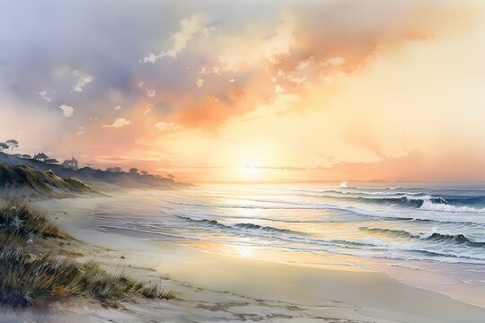Beautiful sunset over the ocean with soft hues of pink, purple and orange. Watercolor Painting. Generative AI © MstAsma
