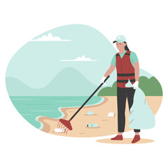 Flat design of beach workers clean up trash on the beach. Illustration for website, landing page, mobile app, poster and banner. Trendy flat vector illustration