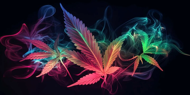cannabis ganja marijuana leaves with smoke and colored neon light on black background close-up. Generative AI