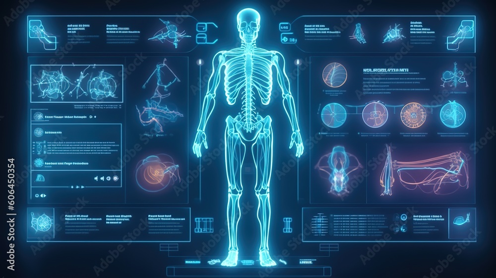 Poster Human body low poly wireframe. Hud,GUI for game background design. Technology background. Digital data. Generative AI