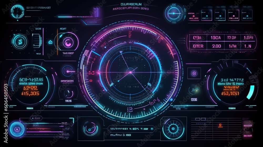 Aufkleber HUD Futuristic Elements Set By Communication And Loading Bars Screen Circles Frames.Hud,GUI for game background design. Technology background. Digital data. Generative AI