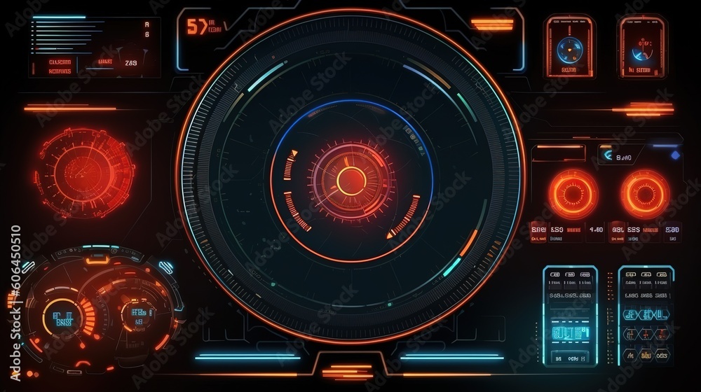 Aufkleber HUD Futuristic Elements Set By Communication And Loading Bars Screen Circles Frames.Hud,GUI for game background design. Technology background. Digital data. Generative AI