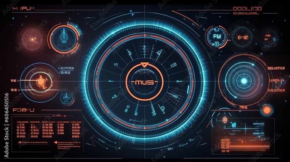 Aufkleber HUD Futuristic Elements Set By Communication And Loading Bars Screen Circles Frames.Hud,GUI for game background design. Technology background. Digital data. Generative AI