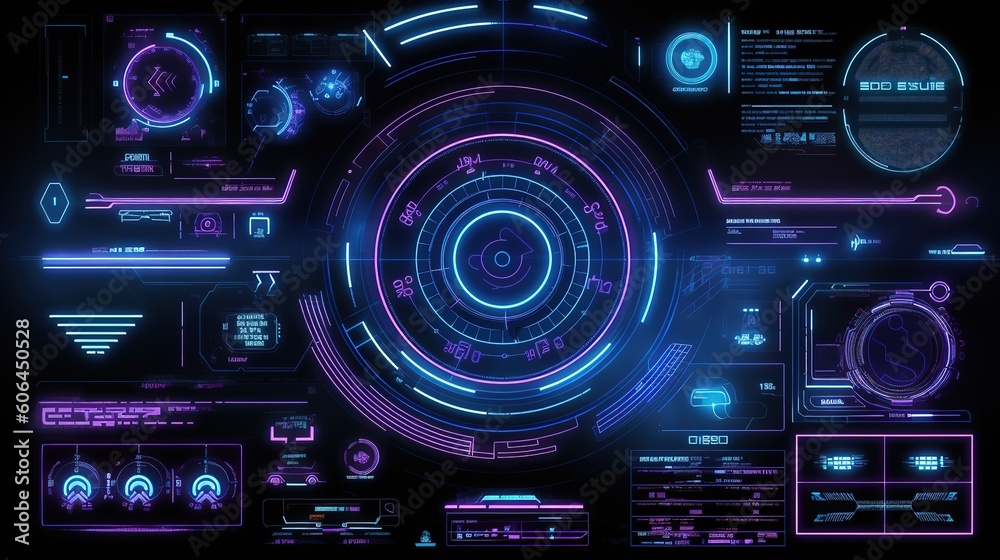 Aufkleber HUD Futuristic Elements Set By Communication And Loading Bars Screen Circles Frames.Hud,GUI for game background design. Technology background. Digital data. Generative AI