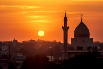 Fototapeta na wymiar A majestic sunset silhouette of a mosque, Eid-al-Adha, bokeh Generative AI