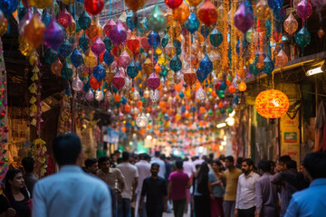 Naklejka premium A vibrant market scene filled with colorful decorations and stalls, Eid-al-Adha, bokeh Generative AI