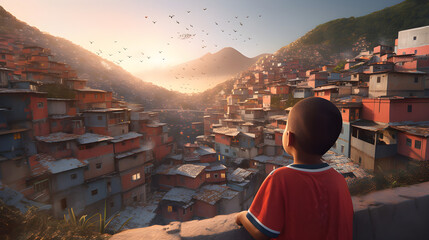  Boy flying a kite in overcrowded slums with square multistory houses and shops built of wood and brick. generate ai