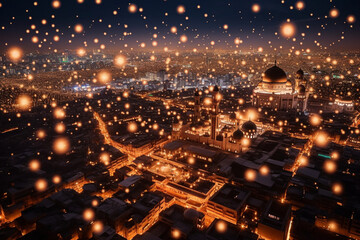 A stunning aerial view of a bustling cityscape adorned with festive lights, Eid-al-Adha, bokeh Generative AI