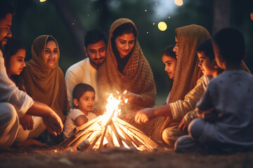 A family gathering around a bonfire, sharing stories and traditions, Eid-al-Adha, bokeh Generative AI - obrazy, fototapety, plakaty