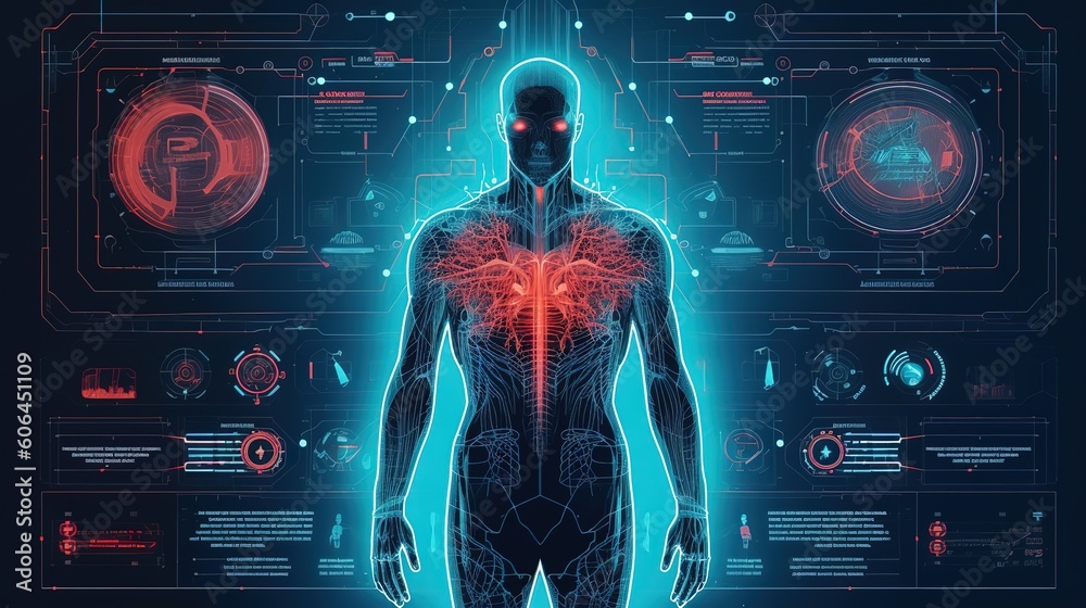 Poster Human body low poly wireframe. Hud,GUI for game background design. Technology background. Digital data. Generative AI