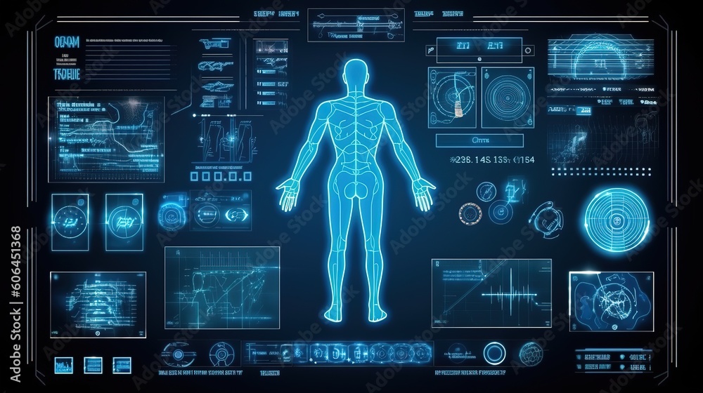 Poster Human body low poly wireframe. Hud,GUI for game background design. Technology background. Digital data. Generative AI