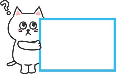 White cartoon cat asking about something with a blank sign, vector illustration.
