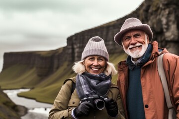 Fototapeta na wymiar Happy seniors traveling in Iceland, Generative AI