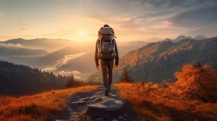Hiker with backpack hiking on the top of a mountain - Man walking on forest path at sunset - Focus on the guy - sunset in the mountains - obrazy, fototapety, plakaty