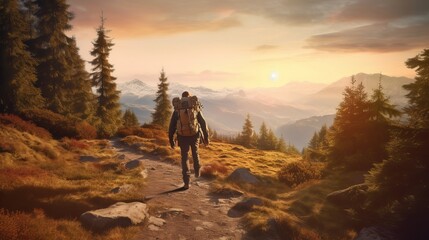 Obraz premium Hiker with backpack hiking on the top of a mountain - Man walking on forest path at sunset - Focus on the guy - sunset in the mountains, Generative AI