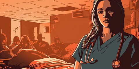 A nurse faces the packed emergency room, the strain and urgency of an opioid crisis visible in her tired eyes, concept of Healthcare overload, created with Generative AI technology - obrazy, fototapety, plakaty